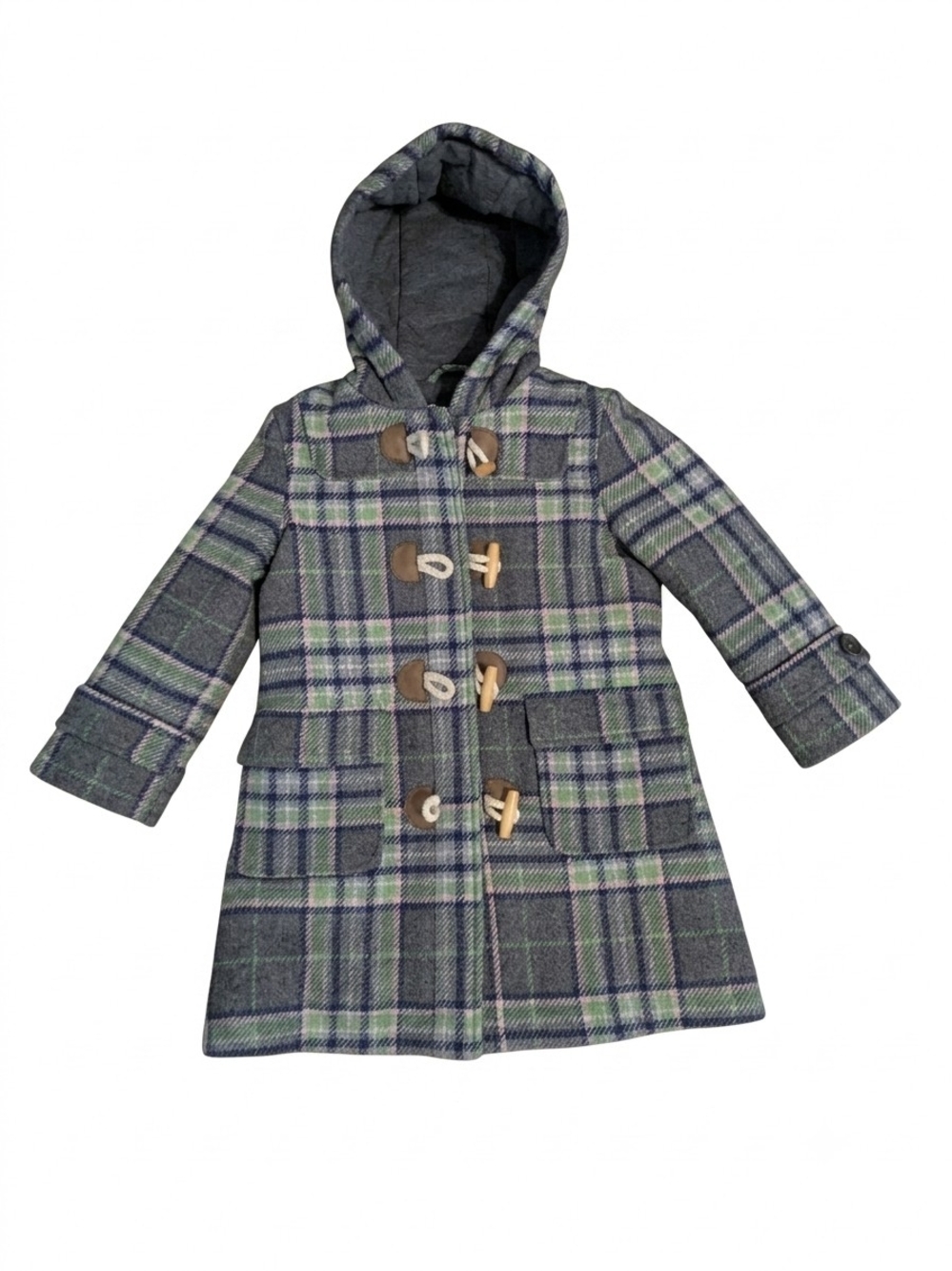 Mini Boden Hooded Wool Duffle Coat Jacket Plaid Toggles Size 3-4Y Girl's Wool